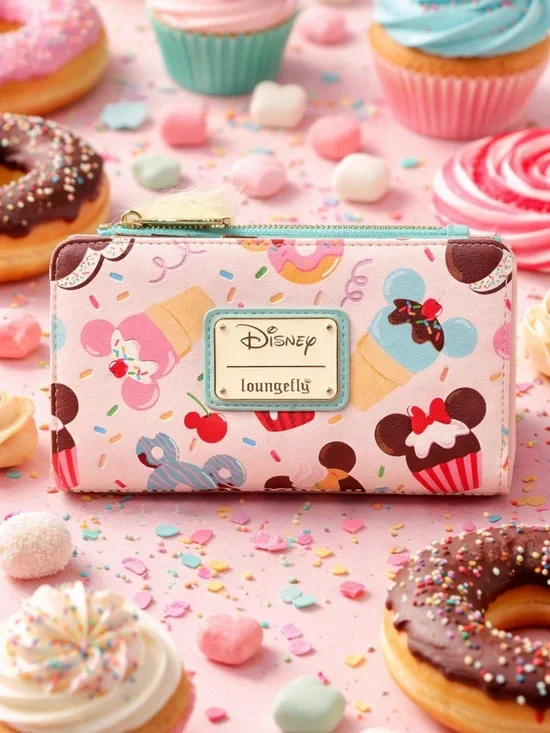 Loungefly x Disney Mickey & Minnie Mouse Sweet Treats Pink Bi-Fold Snap Wallet - Picture 1 of 5